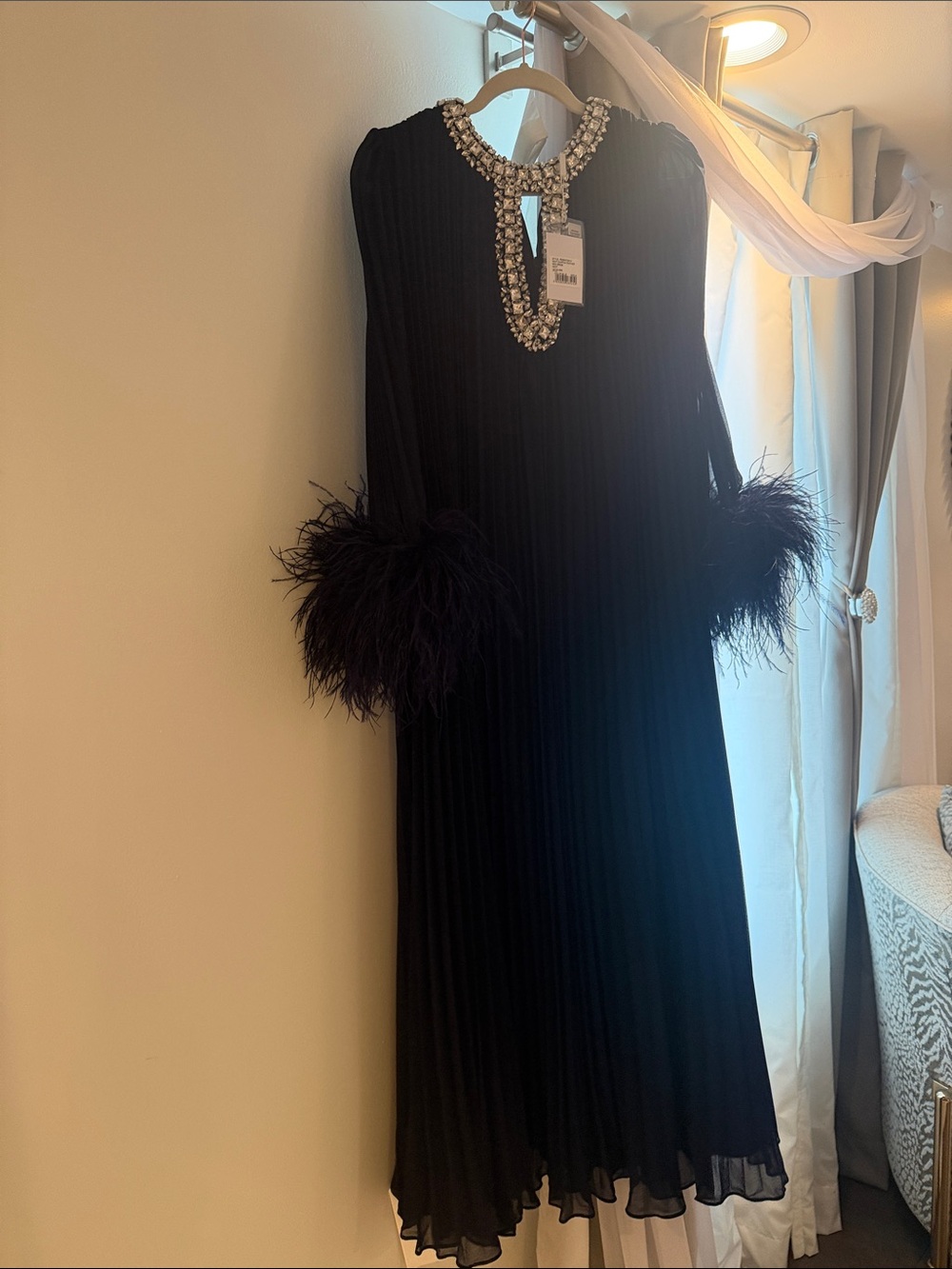 Self-Portrait Navy Pleated Maxi Dress with Feather Cuffs & Beaded Neckline - Picture 4 of 6